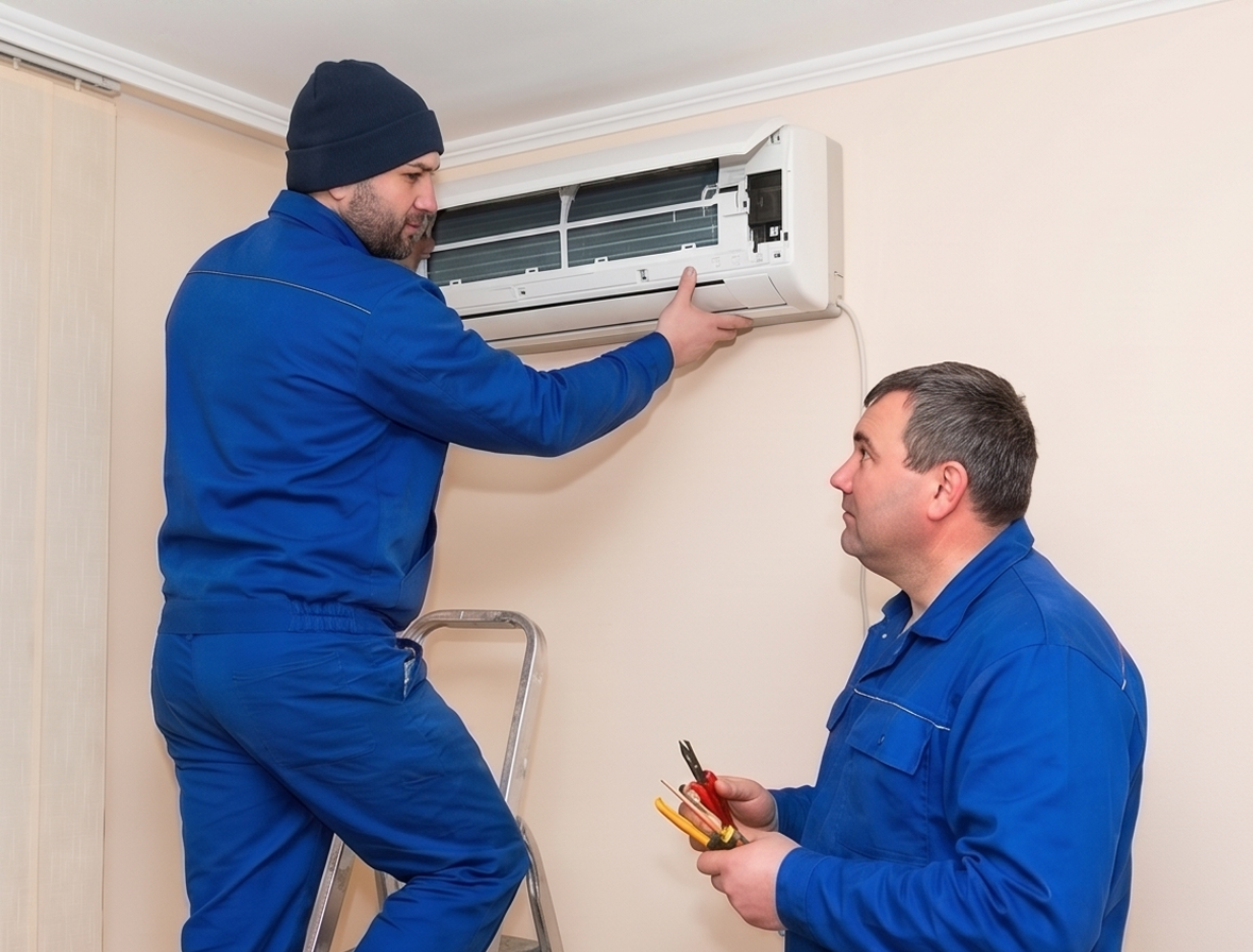 Technician on a ladder inspecting a wall-mounted AC unit