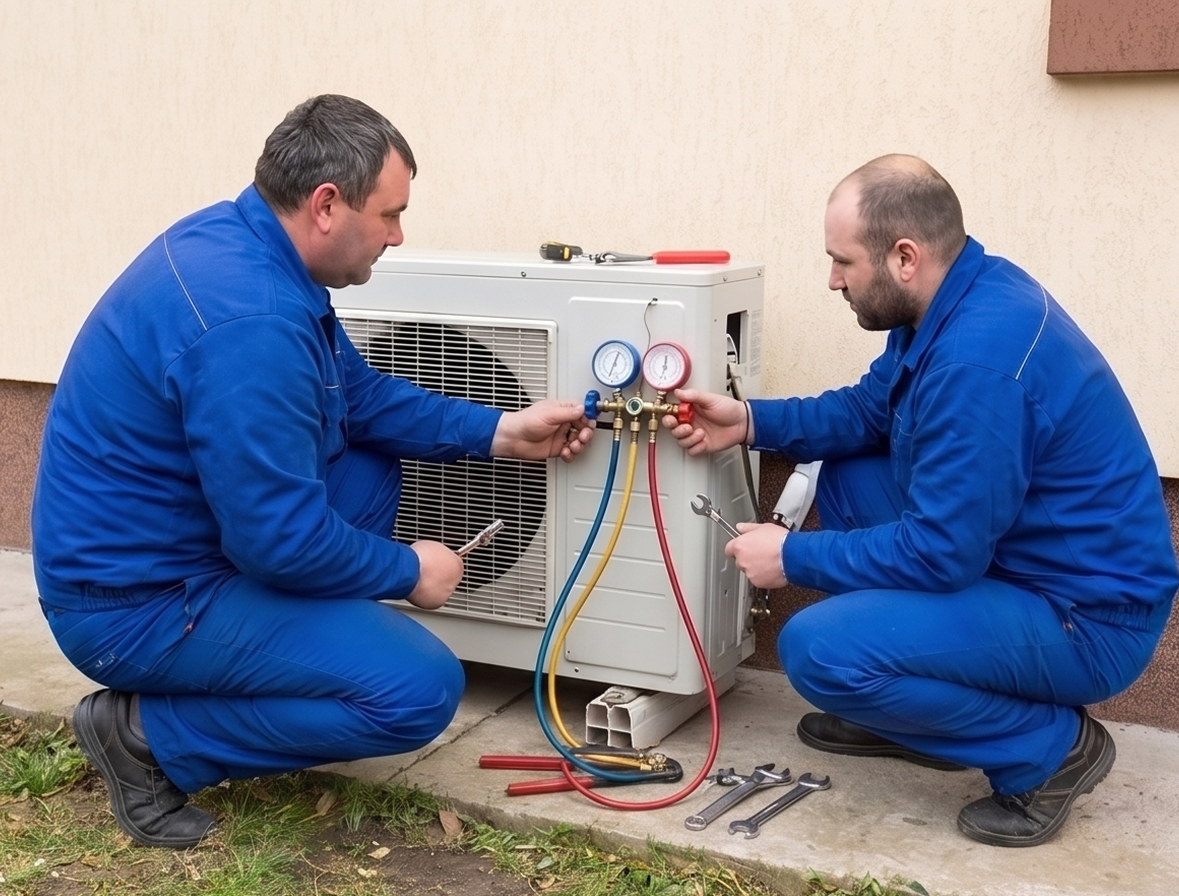 Technicians checking pressures on an outdoor AC condenser