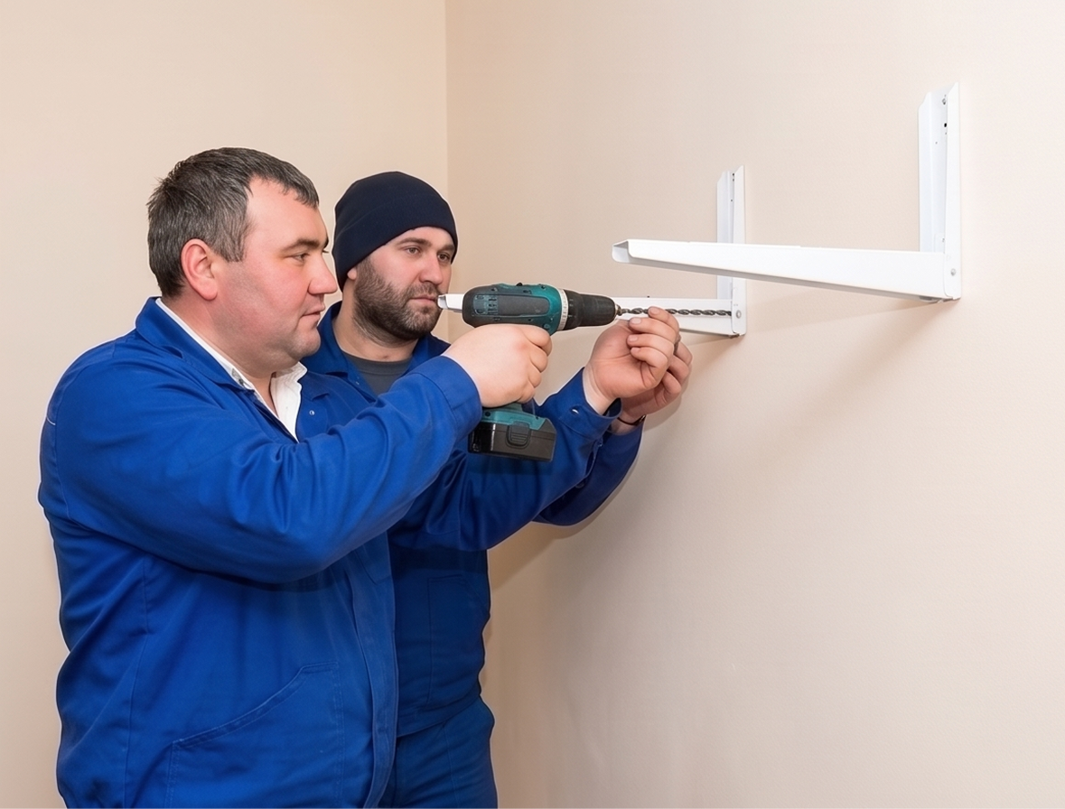 Technicians drilling a wall bracket for AC installation