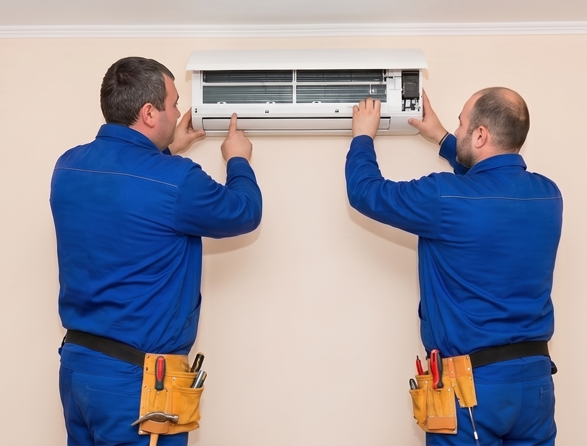 Technicians fitting an open indoor AC unit to the wall