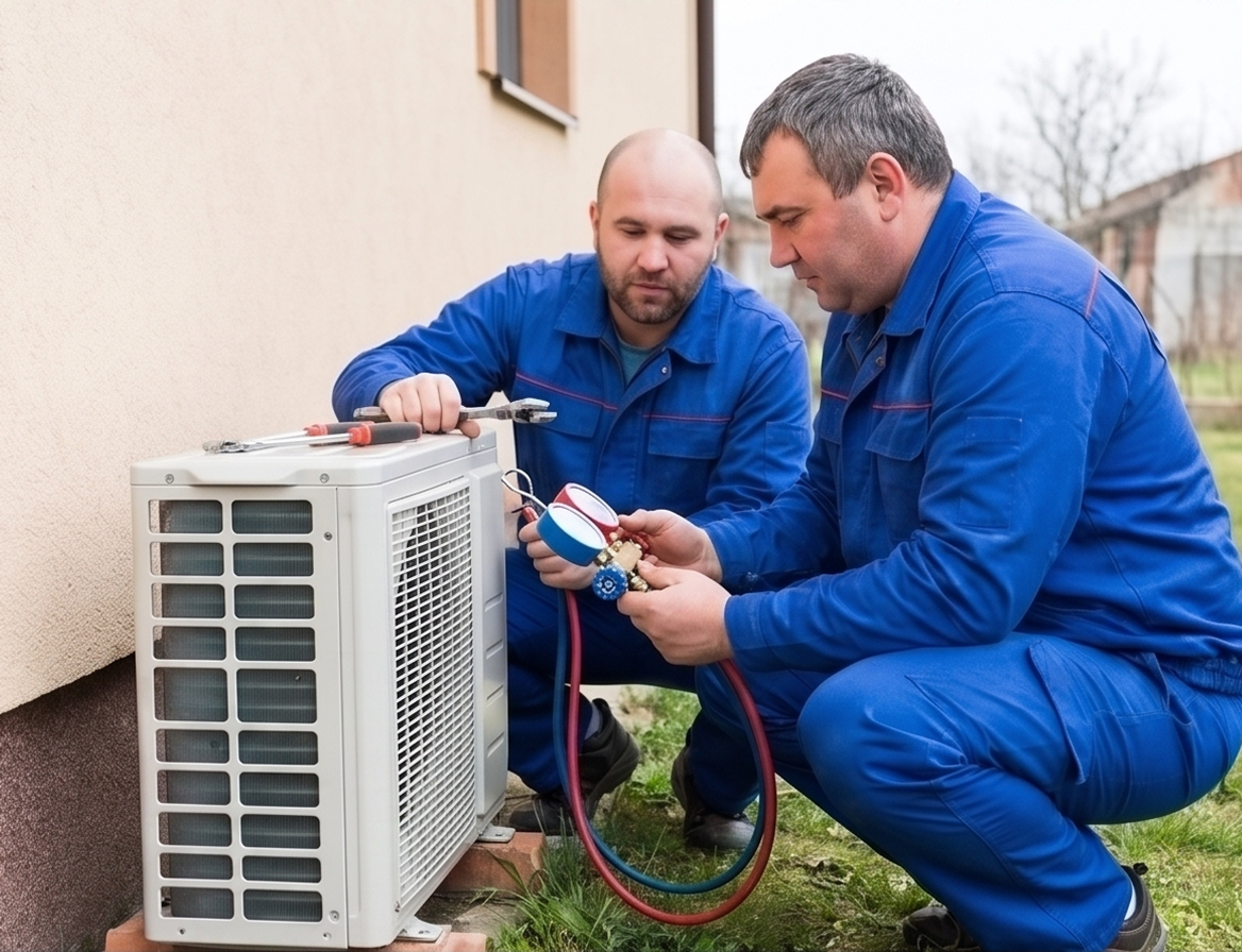 Technicians servicing an outdoor AC unit with manifold gauges