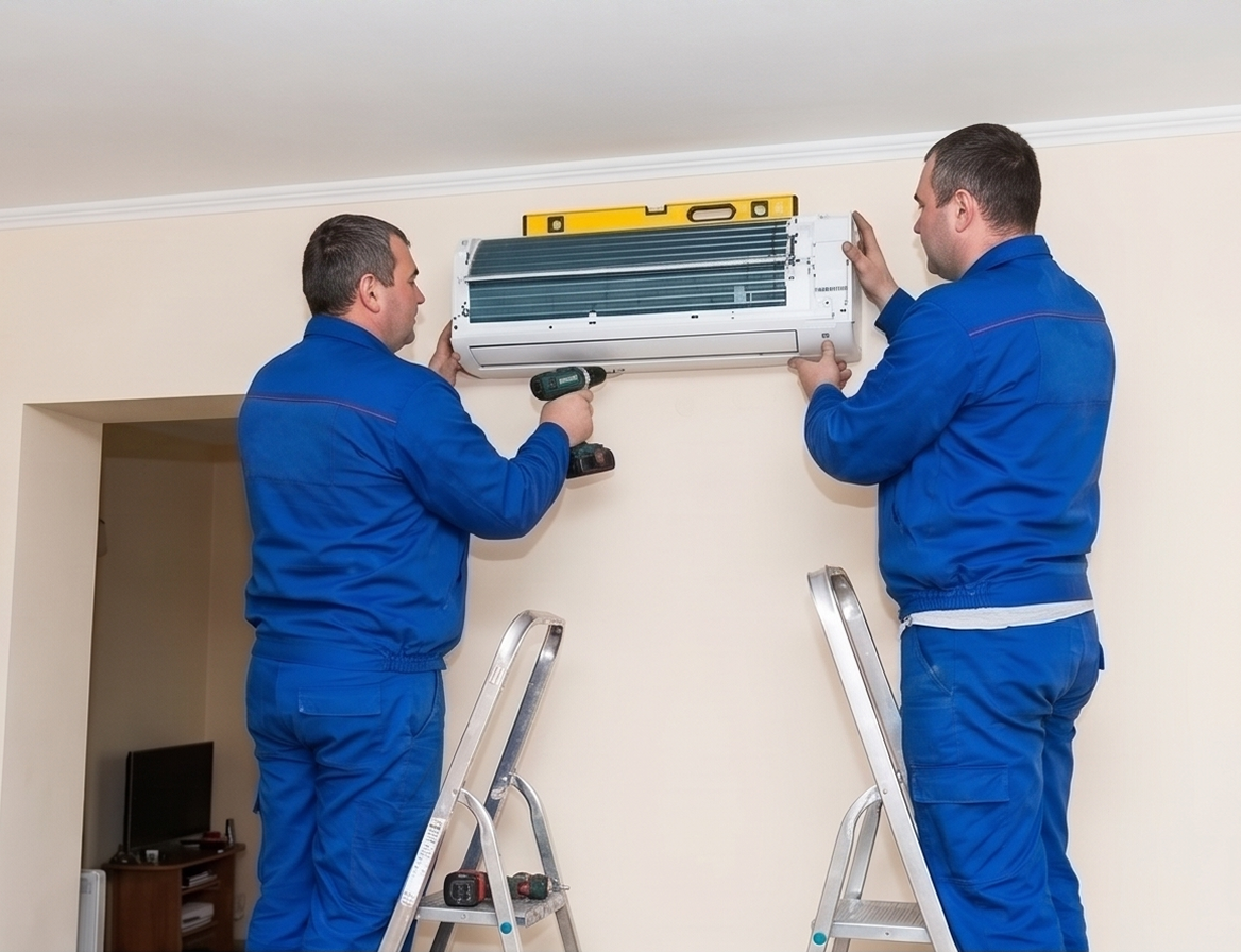 Technicians levelling and securing an indoor wall-mounted AC unit