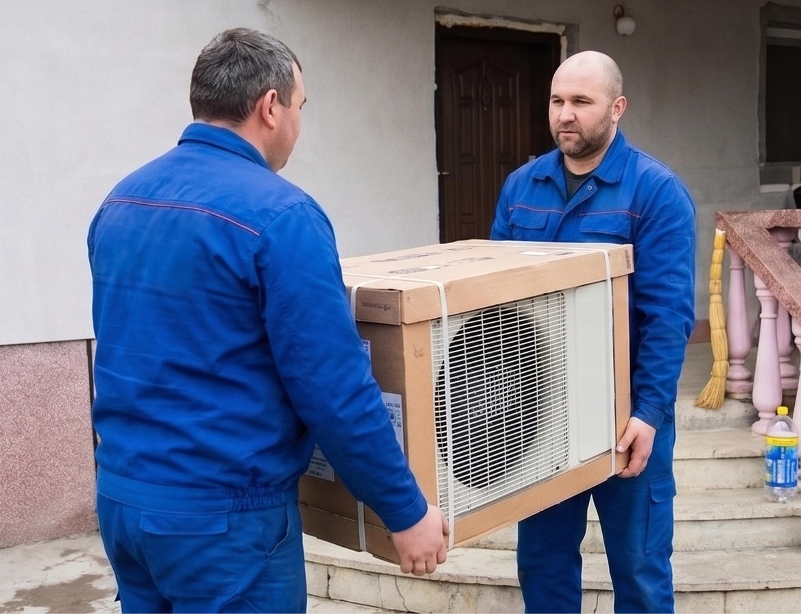 Technicians carrying a new boxed AC unit to the property