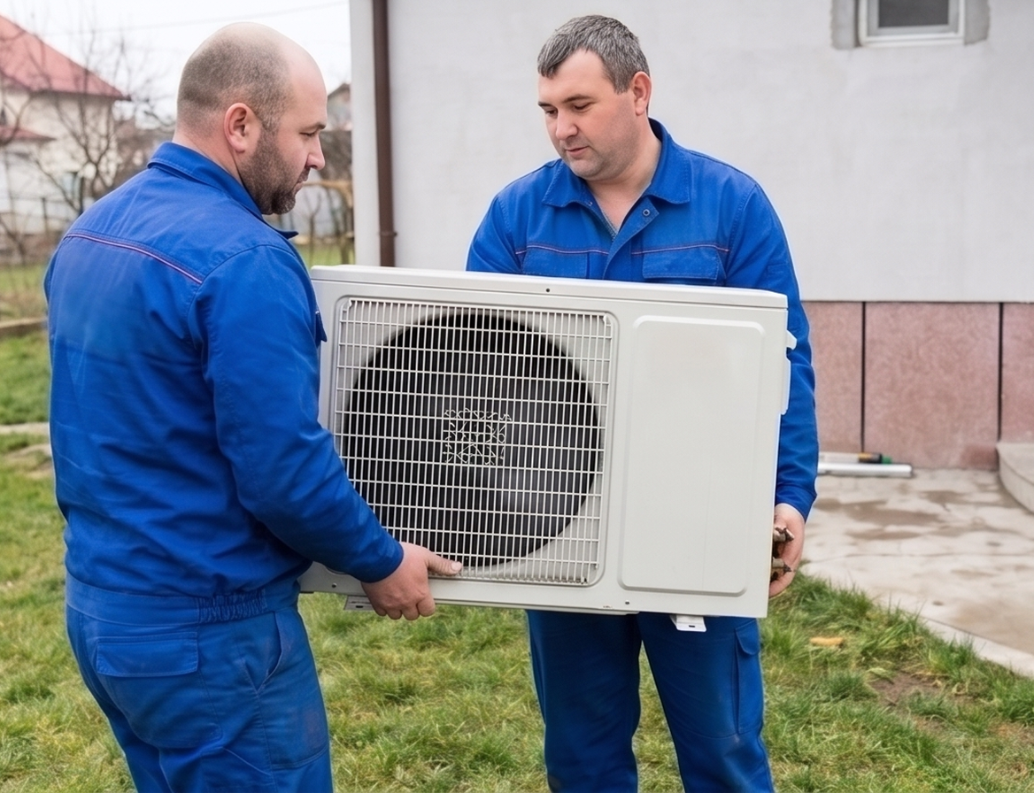 Technicians positioning an outdoor AC condenser unit